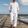 Men's Spring   Casual Linen Beach Hooded Shirt Long-sleeved Trousers Suit