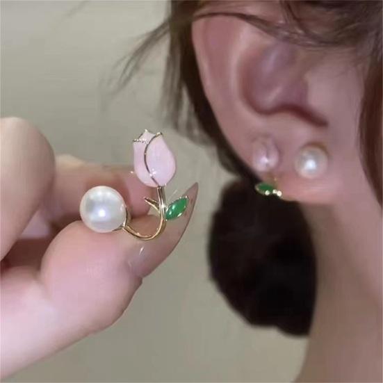 1 Pair Stud Earrings Flower Faux Pearl Jewelry Korean Style Dripping Oil Ear Studs