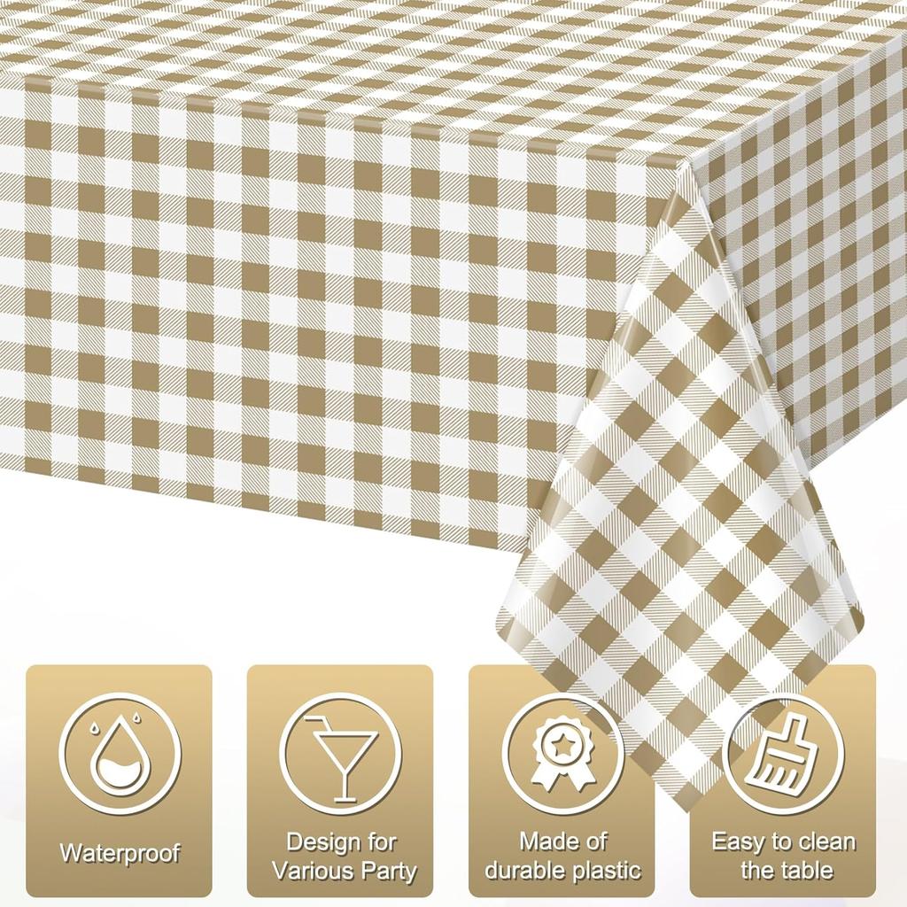 Hallswl 3pcs Khkai Gingham Tablecloth,Brown Beige Checkered Tablecloths Buffalo Plaid Disposable Plastic Table Covers for Birthday Baby Shower Bridal
