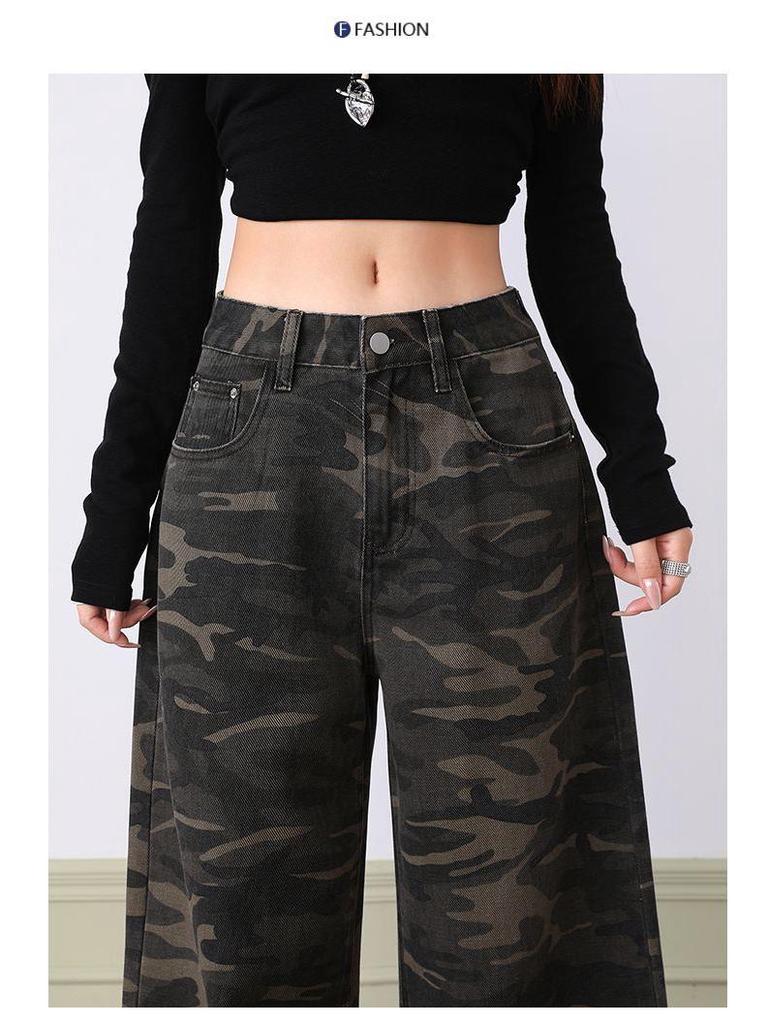 Jeans Denim Mimetici Retro Americani da Donna - Autunno 2025 Slim Fit, Dritti Larghi, Casual a Gamba Larga, Pantaloni Lunghi fino a Terra