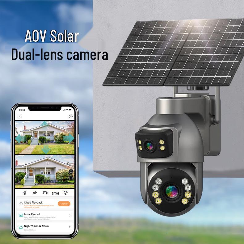 Solar-Powered Dual-Lens Surveillance Camera, 10X Zoom, Full Color, Outdoor Waterproof, Mobile Alarm Monitoring.