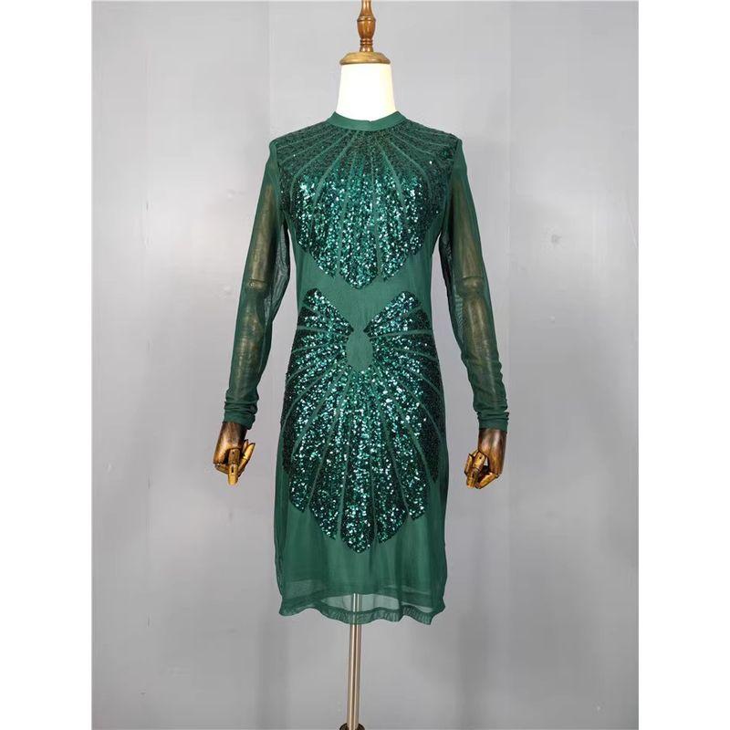 

Export Single Sexy New Arrival Summer Mesh Perspective Sequin Heavy Industry High Quality Stand Collar Shiny Disco Jumping Dress Women Green S