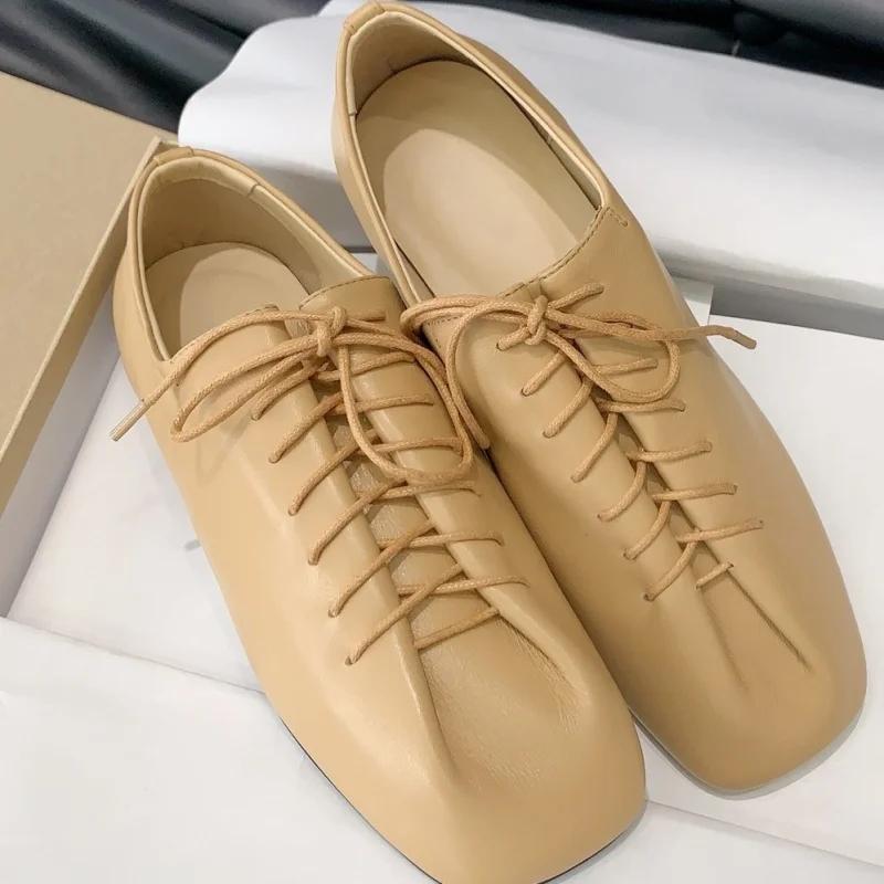 

2025 Casual Flats Women Classic Square Toe Leather Lace Up Solid Chic Concise High Quality Comfort Office Ladies Walking Shoes 40