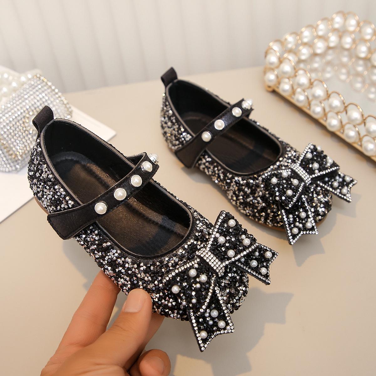 Girls Rhinestone & Pearl Bow Princess Shoes with Magic Strap 22/14cm