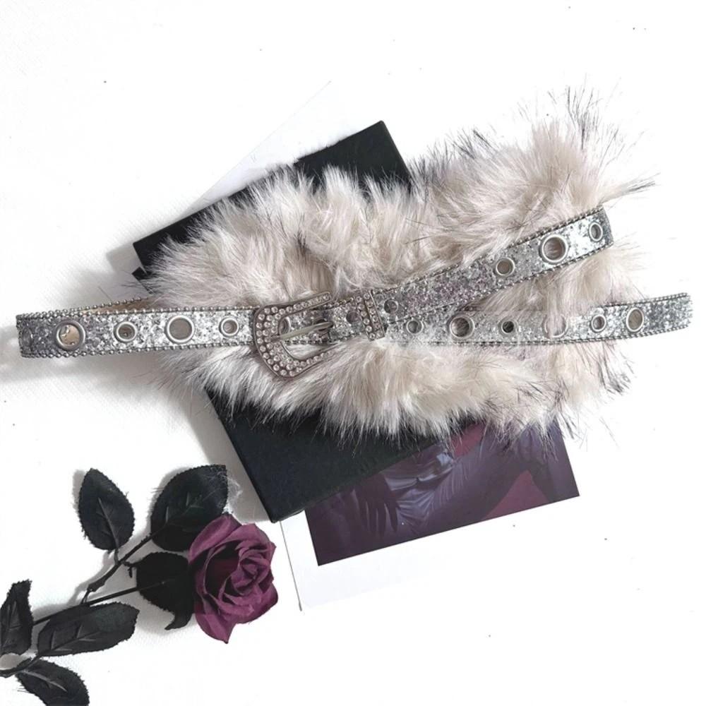 Punk Leather Fur Belt Rhinestone Y2K Plush Waist Belt Fashion Furry Waistband Daily