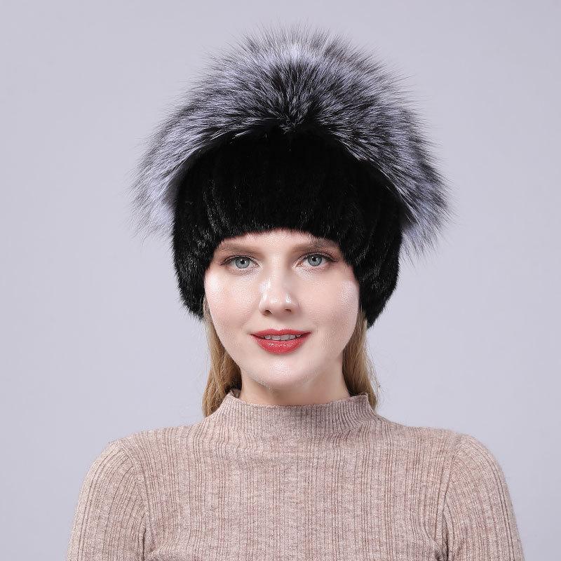 New Winter Thick Yarn Warm and Fashionable Knitted Fur Hat чёрный
