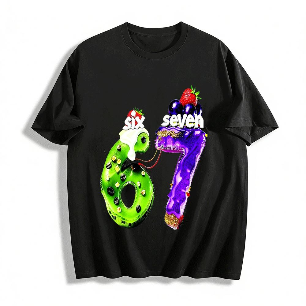 Fun Dessert Themed Number 67 Graphic Casual Top Pure cotton T-shirt XXS