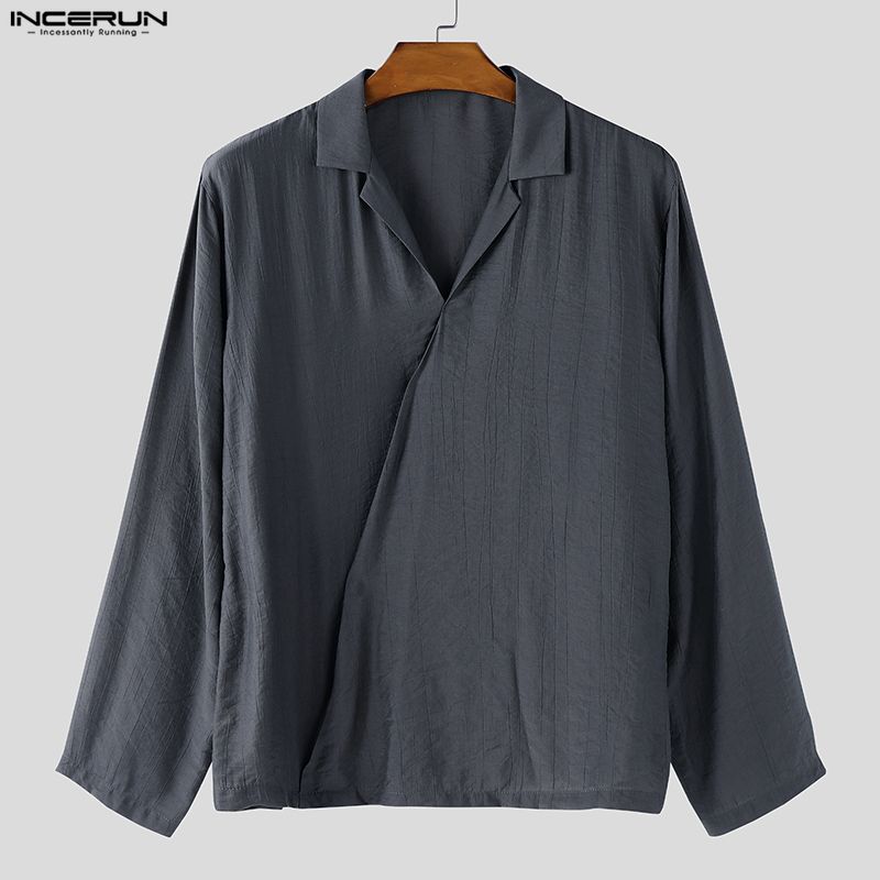 INCERUN Męskie koszule casual z kołnierzykiem V, gładkie, z długim rękawem
