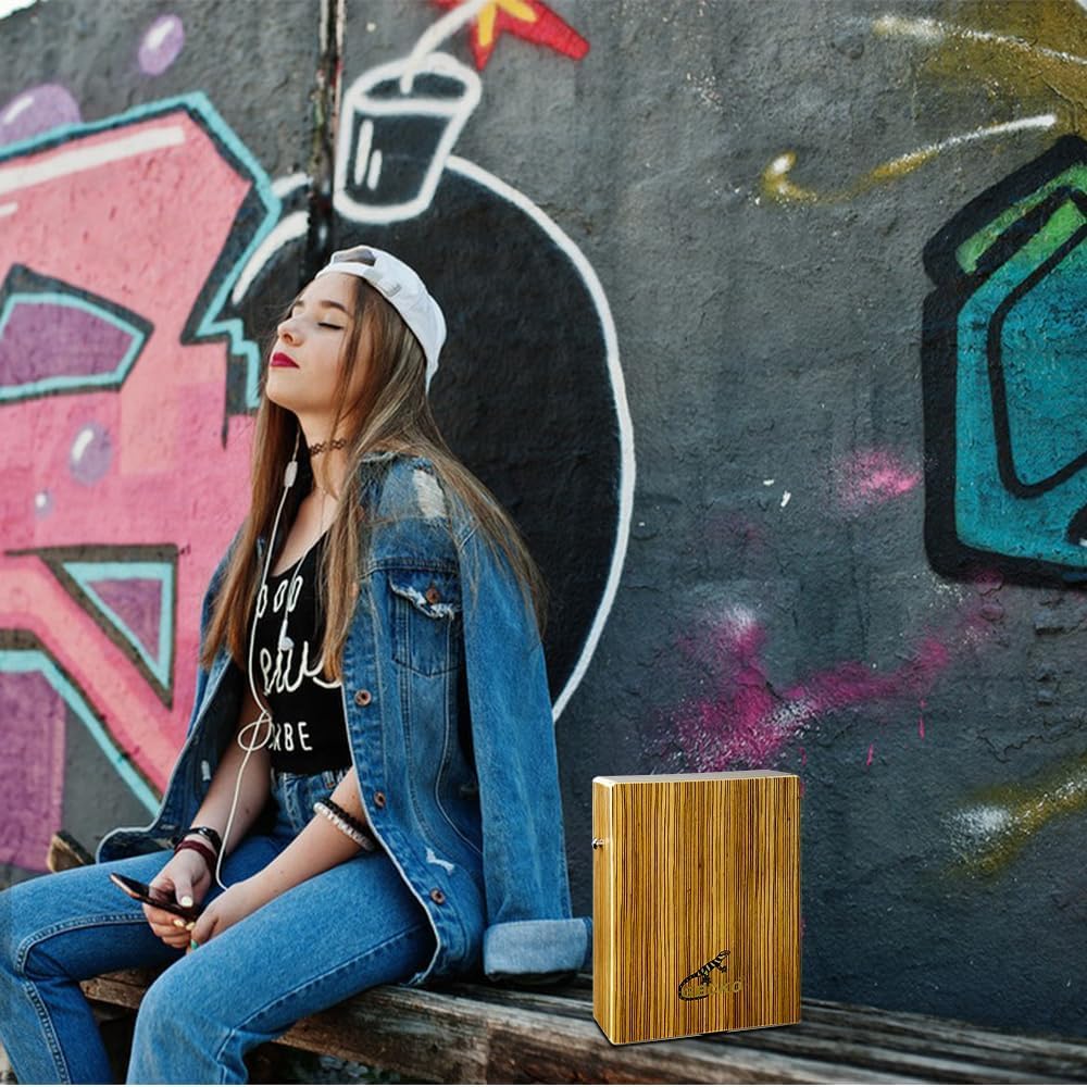 Lightweight travel cajon with built-in guitar strings and rich resonance (9.4cm x 23cm x 29cm, 1kg, engineered zebrawood)