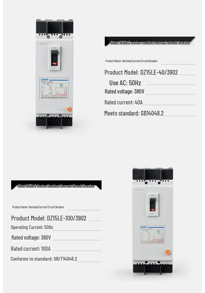 Chint DZ15LE-4901 Circuit Breaker with Leakage Protection, 2P/3P/4P, Plastic Shell, 63A/100A