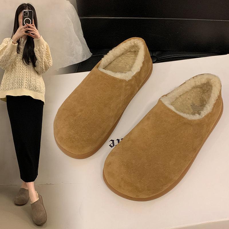 Retro outer cotton shoes women's small potatoes autumn and winter round head flat bottom bag head half slippers fluffy shoes warm and comfortable