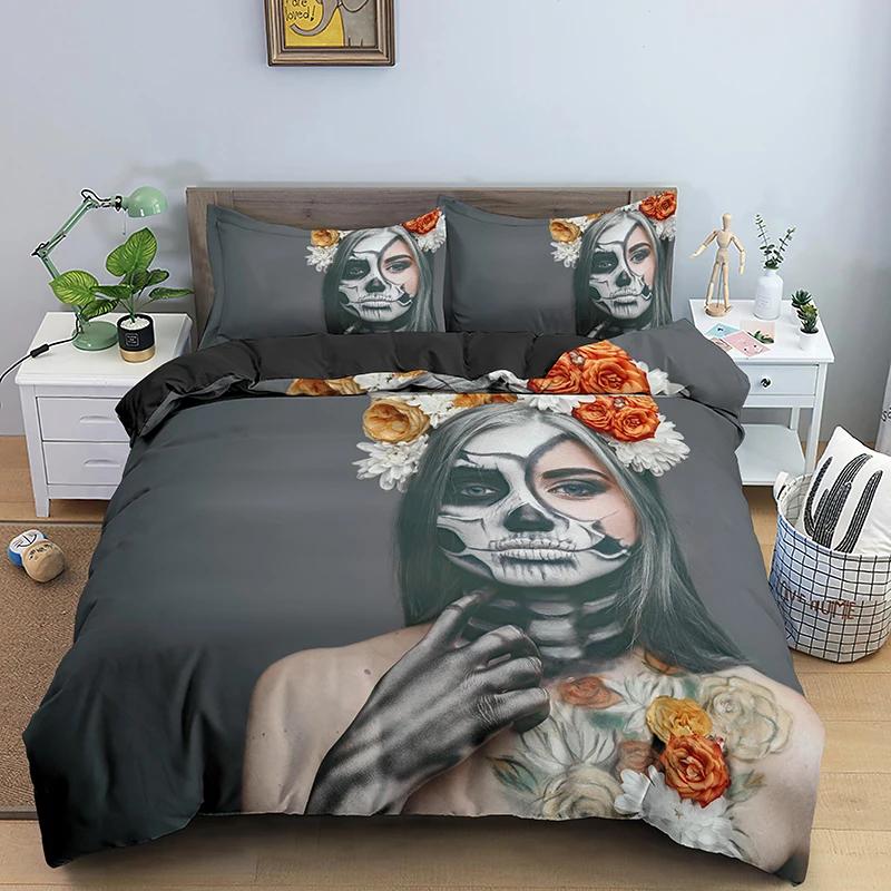Sugar Skull King Queen Duvet Cover Vintage Skeleton Girl Gothic Day of The Dead Bedding Set Halloween Rose Polyester Quilt Cover