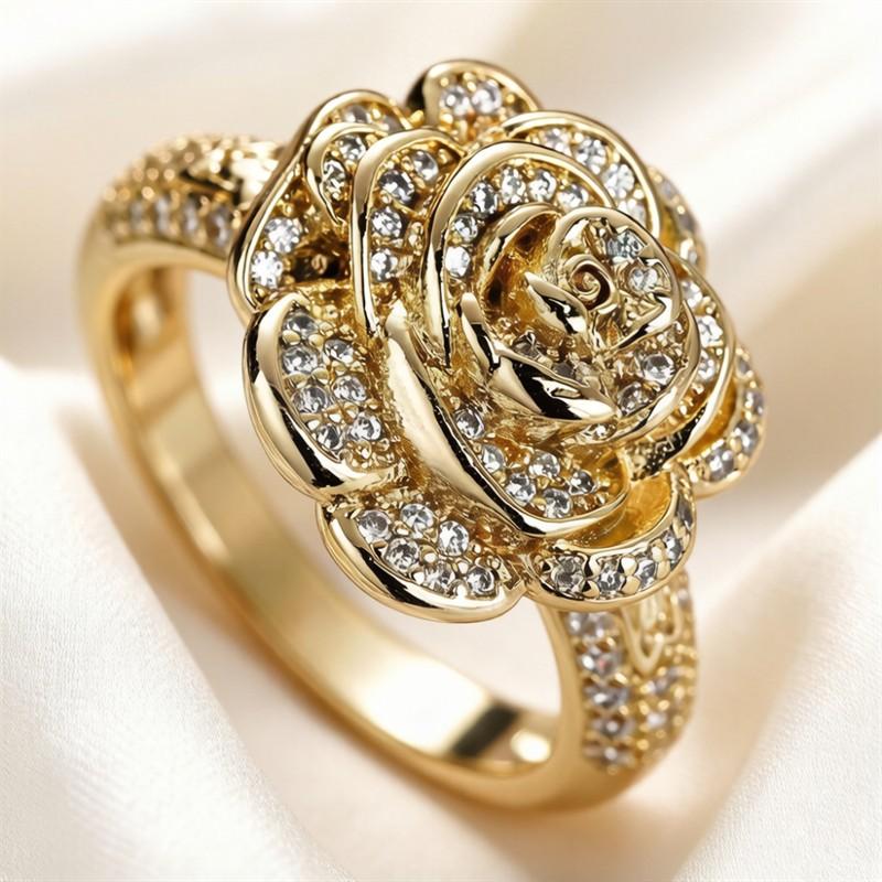 Huitan Exquisite Flower Rose Ring for Women Graceful Female Engagement Party Accessories Gold Color Shiny Cubic Zirconia Zircon 6