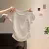 Women Heather Gray Crew Neck Slim Fit Tee, Tiny Black Bow Embroidery Side Ruched Curved Hem Casual Short Sleeve Summer Top