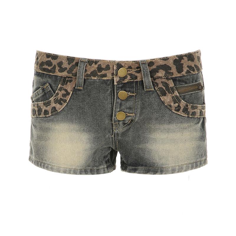 American Retro Leopard Patchwork Distressed Slimming Shorts S