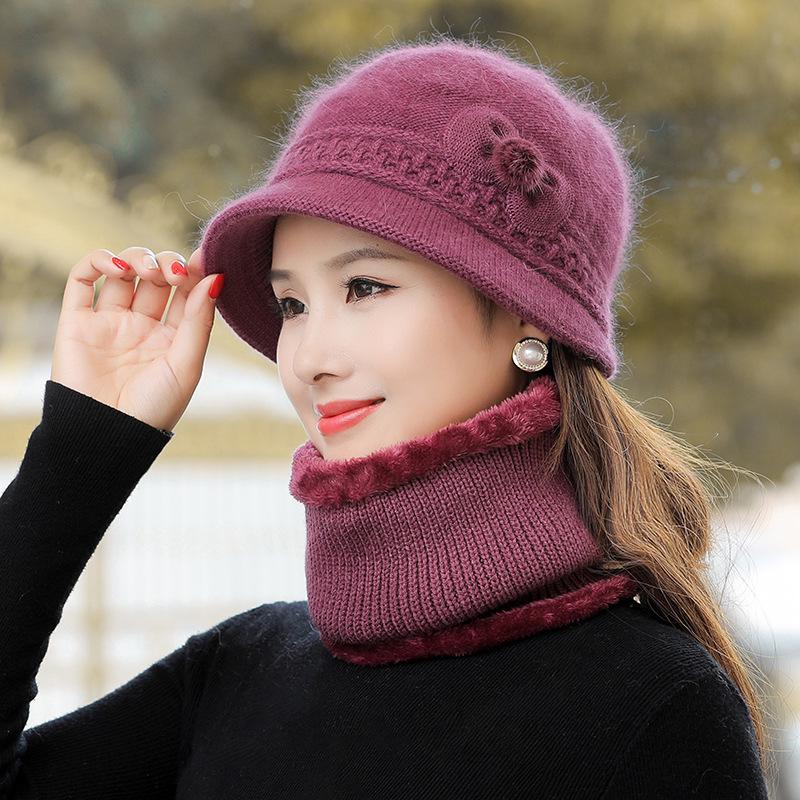 Căciulă tricotată de toamnă și iarnă pentru femei din păr de iepure cu floare la modă
