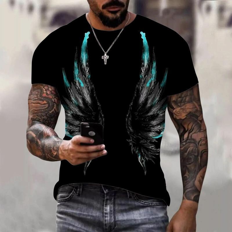 Summer Round Neck 3D Wing Pattern Print Top Fashionable Casual Short Sleeved Men's T-shirts