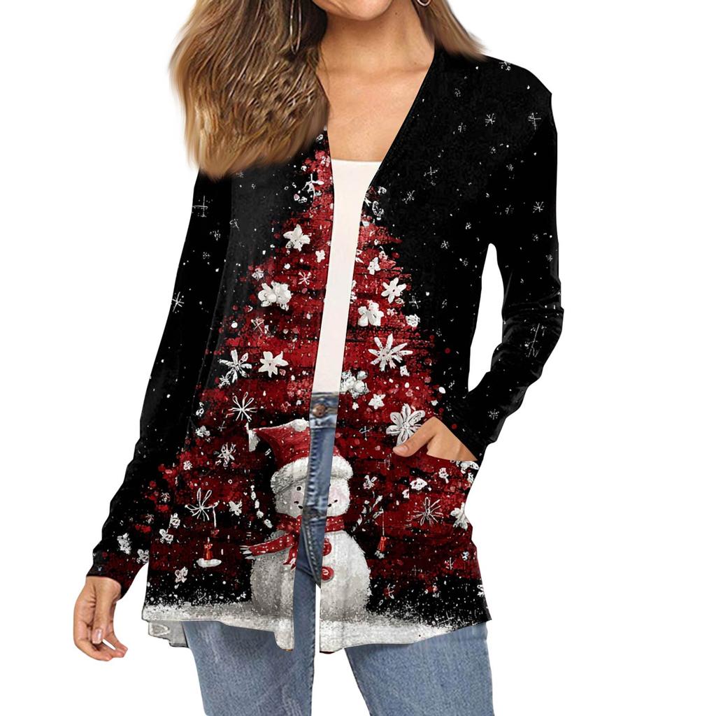 Women's Fashion Christmas Print Long-Sleeved Pocketed Slim-Fit Cardigan Coat