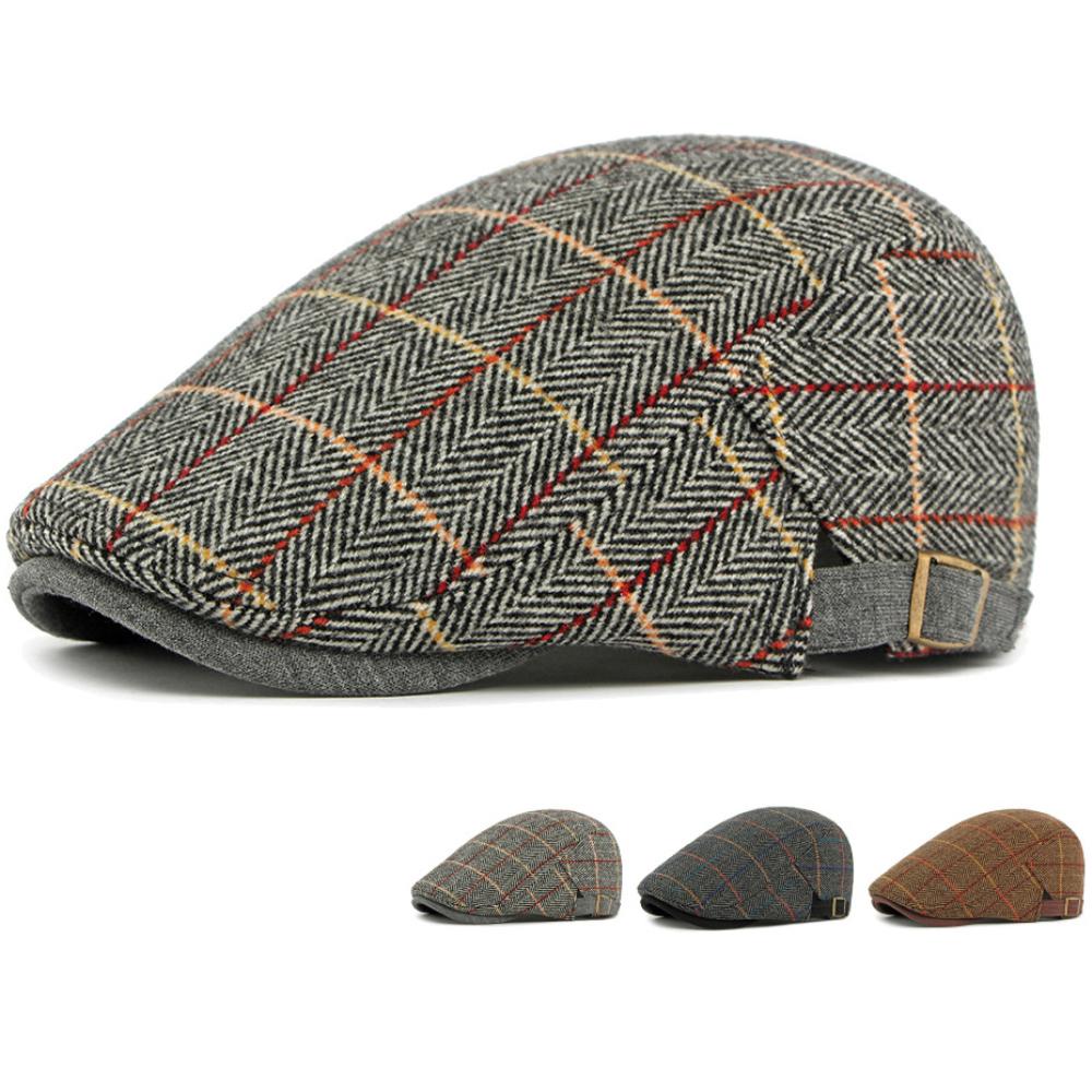 Freedom Outdoors Men's Ht4909 Beret Cap Spring Autumn Winter Wool Hat Artist Painter Plaid Beret Hat Fe Ivy Flat Cap Adjustable Berets 55-60Cm