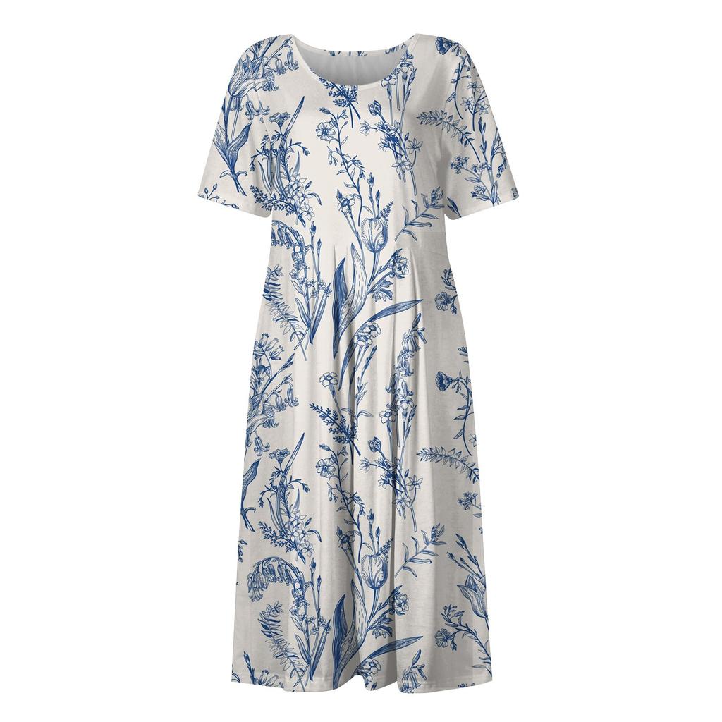 Women's Casual Dresses Printed Dresses Summer Dresses Printed Pleated Round Neck Midi Dresses Basic Outdoor Daily Short Sleeve Loose Dresses