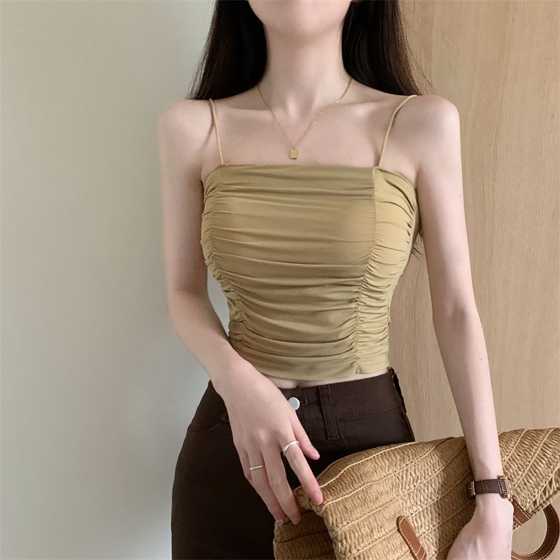 Wrinkled Camisole Vest for Women Strapless Off The Shoulder Wearing Ice Silk Thin Short Top for Summer