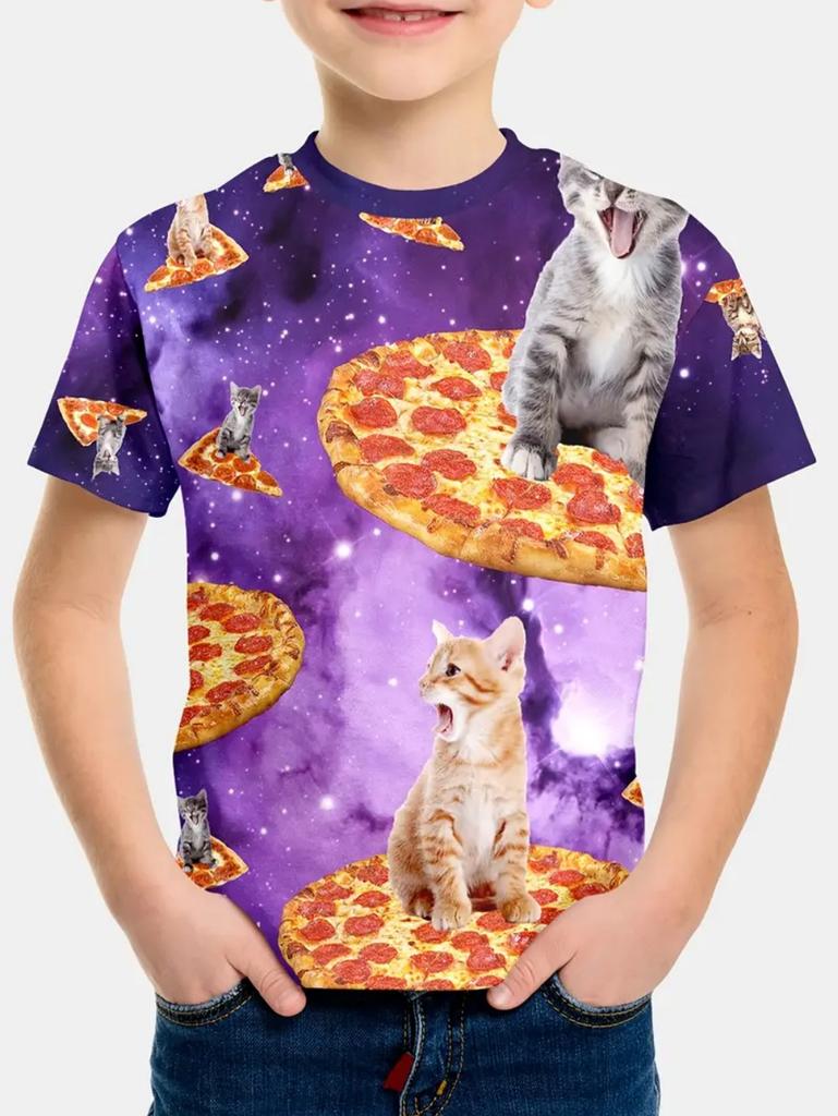 Boy's T-Shirt Cute Cat Taco Pizza Pattern 2025 Summer Short Sleeve Tops Colorful 3D Print Boys Clothes Loose Children's Clothing
