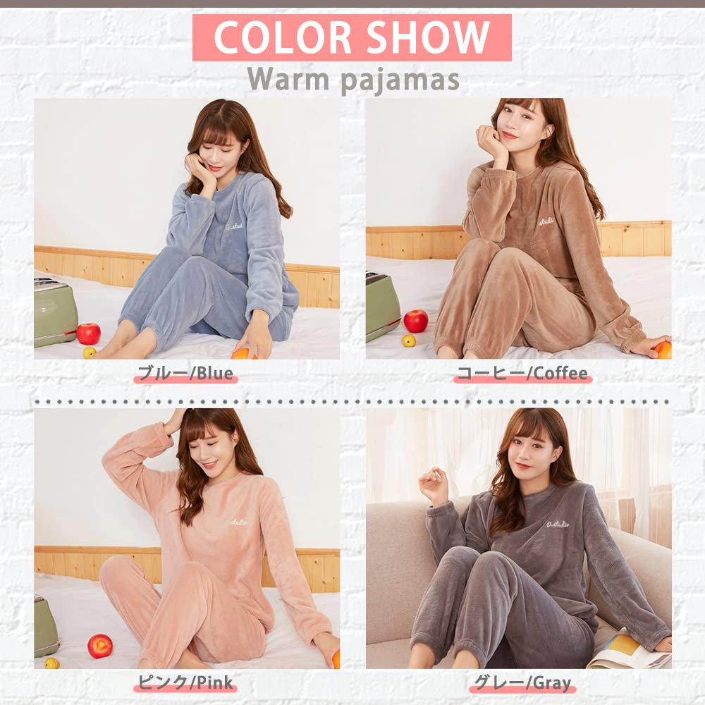 YUESUO Fluffy Winter Pajama Warm Cute Long and Set with Embroidered Fluffy and Perfect Gift Women's Set, Fleece, Loungewear, Pants, Top, 2-Piece Logo,