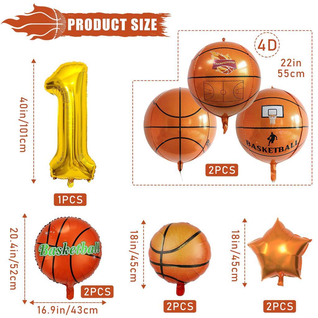 9Pcs Basketball Digital Balloon Set 22in 4D Sphere Balloons With 40 Inch Number Sports Basketball Themed Birthday Party Supplies