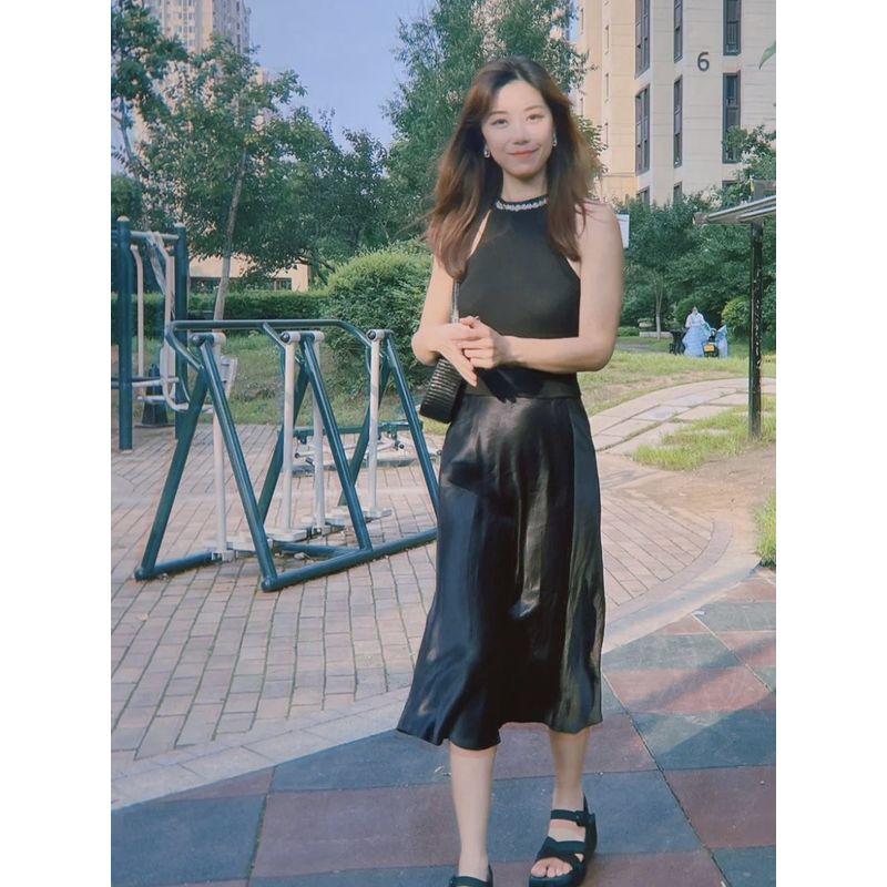 

Summer New Arrival Pure Canadian Acetate Fabric High Waist Skirt Retro Easy Matching Satin Solid Color Skirt Women Black 8