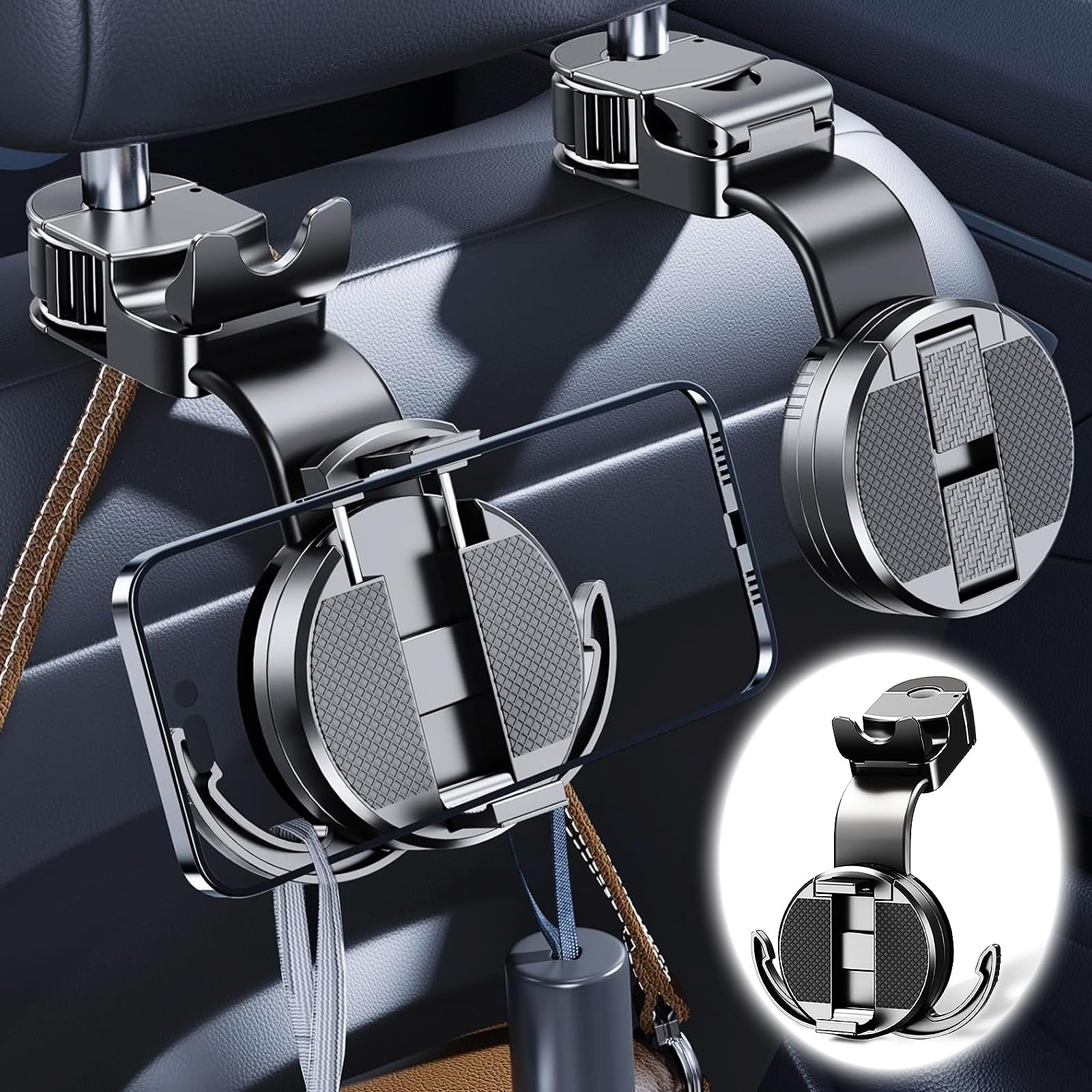 

AutimHoo Backseat Smartphone Holder, Car Seat Hook, Multi-functional, 2-in-1, Clip-on Car Holder & Headrest Clamp type чёрный