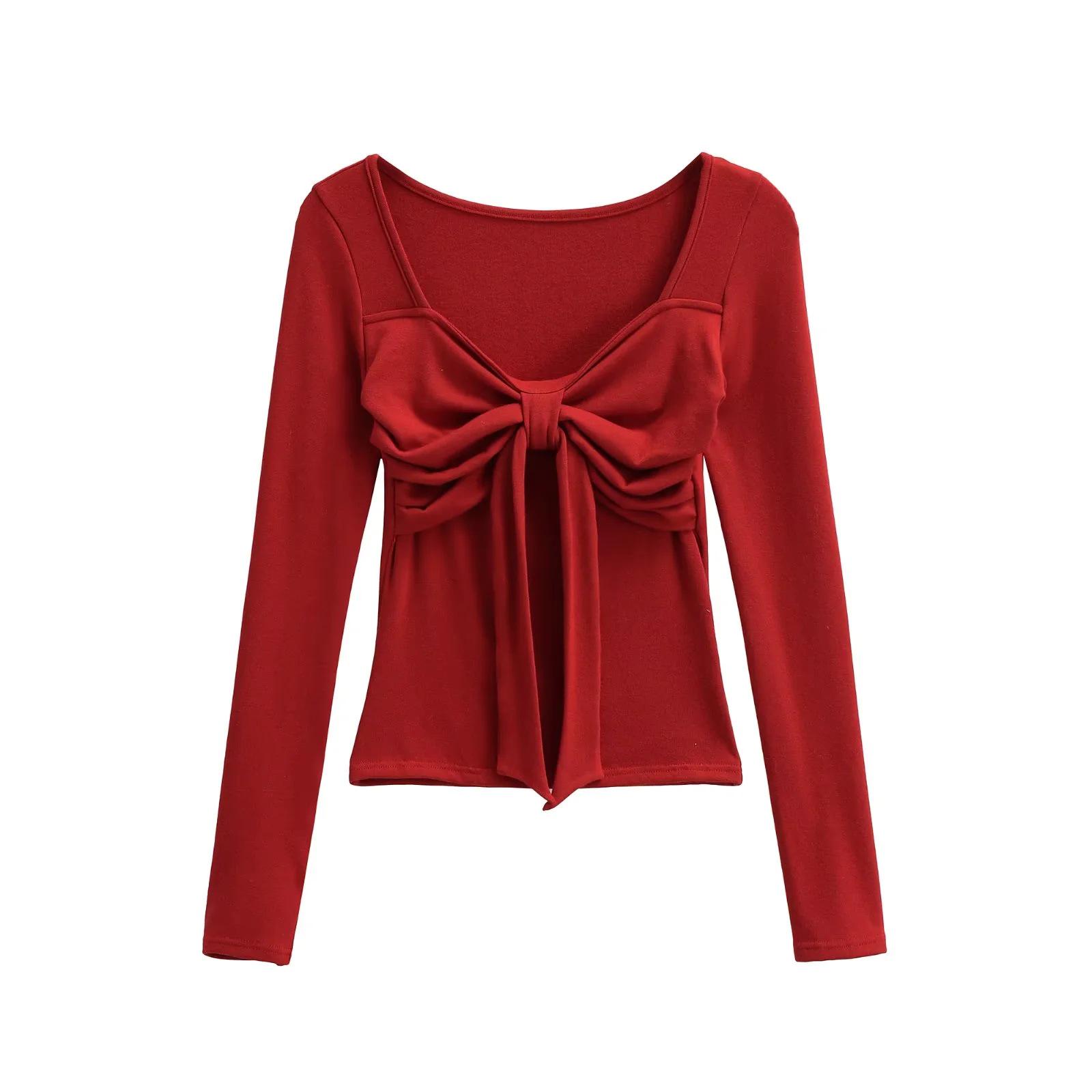 

Sweet & Spicy Square Neck Bow Long Sleeve Women s Slim Fit Top Small темно-червоний колір