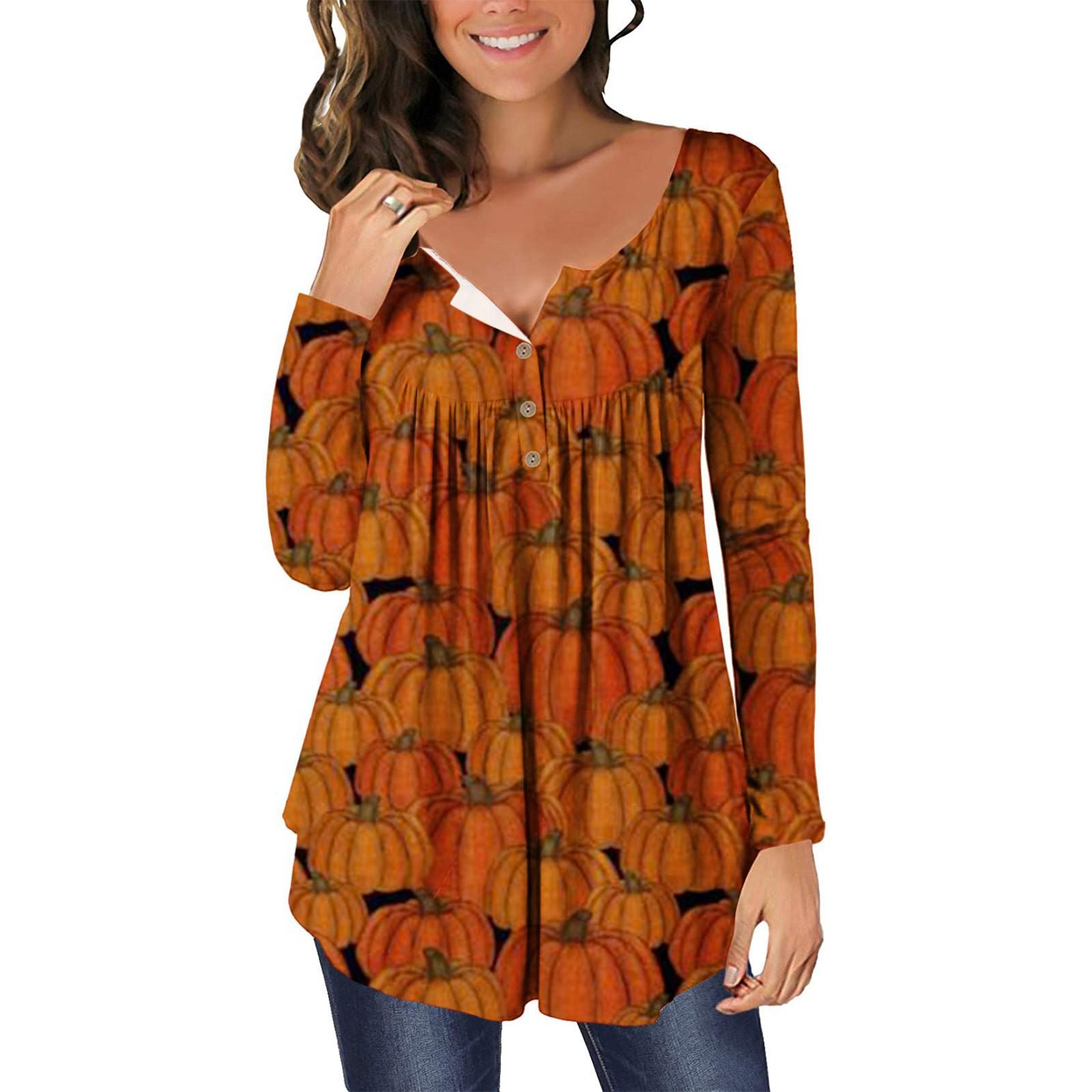 

Ladies Casual Halloween Print Round Neck Long Sleeve Single Breasted Top M оранжевый