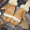Cycling gloves made of suede for women, warm and cute in autumn and winter, with thick velvet flip cover for office touch screen