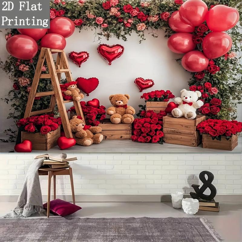 1pc, 2D flat, red rose and heart-shaped balloon teddy bear backdrop - romantic decoration, birthday party, wsj