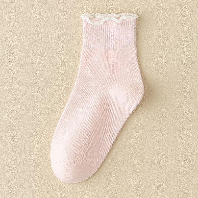 Black Fungus Lace Socks for Women, Spring and Autumn Style, Pile Socks, Cotton Socks, Summer Polka Dot Roll, Boneless Mid-calf Socks