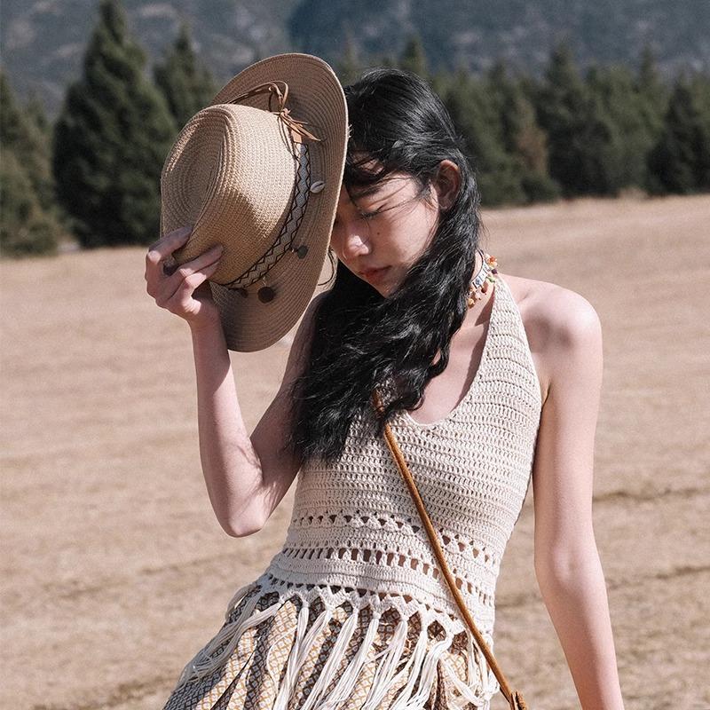 New Fashion Bohemia Style Vacation Straw Hat Women Beach Grassland Travel Retro Cowboy Sun Hat Women'S Wide Brim Panama