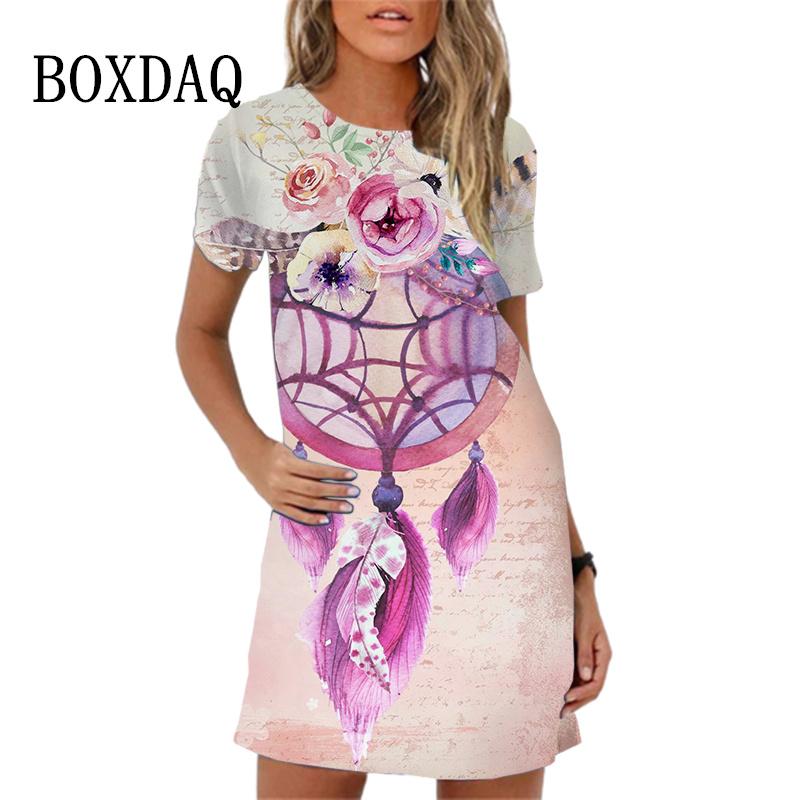 Colorful Feather Pattern Women Dress New Spring Summer Clothing Fashion Elegant Short Sleeve O-Neck Gradient Print Dresses