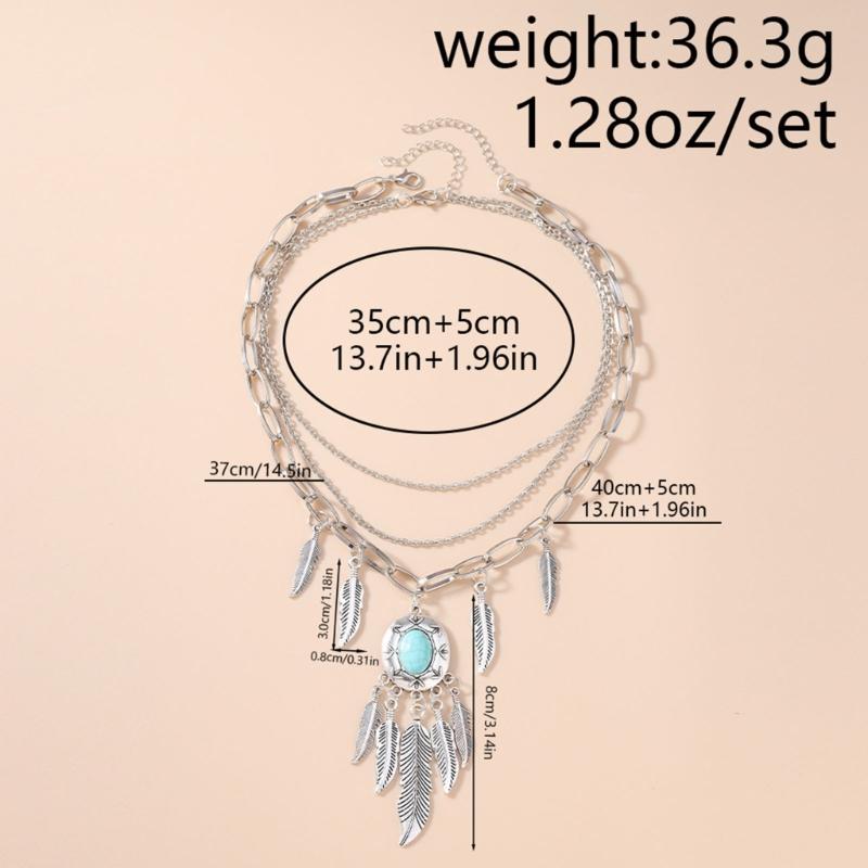 Pack of 2 Ethnic Turquoise Feather Chokers with Antique Alloy Finish Adjustable Length Bohemian Fashion Accessories