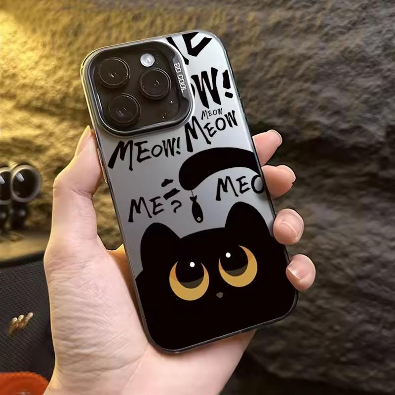 Cartoon Black Cat Eating Fish Electroplate Silver IMD Phone Case For iPhone 16 15 14 Pro Max 13 12 11 Pro 7 8 Plus X XS XR Cover