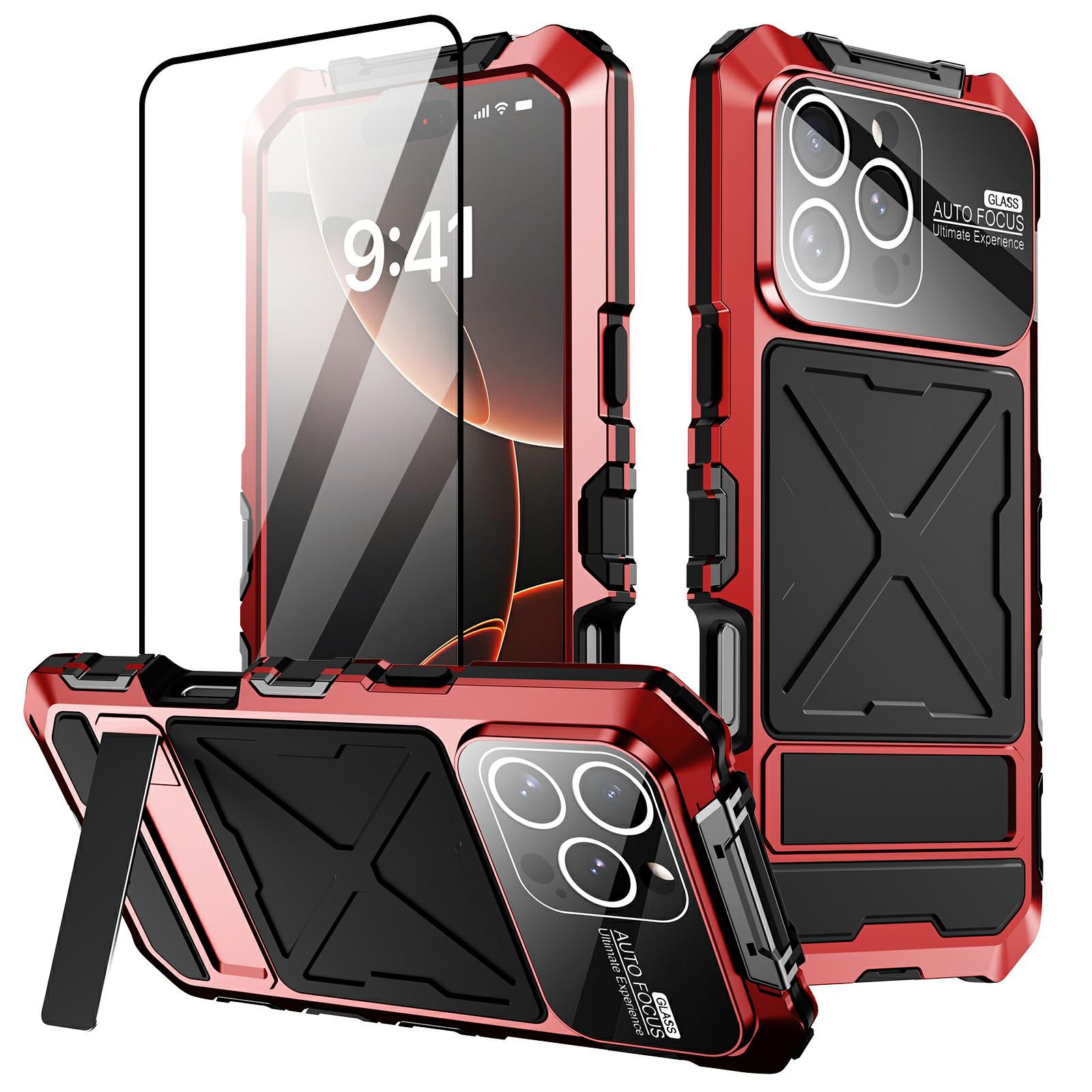 

For iPhone 16 Pro Case Silicone+Metal Kickstand Anti Drop Three-Layer Protection Cover Red
