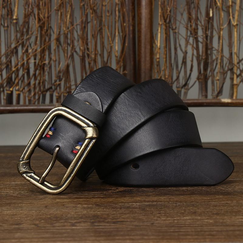 

Ремень мужской толстый утолщенный матовый кожаный ремень с потертой латунной пряжкой из натуральной кожи для джинсов 130cm