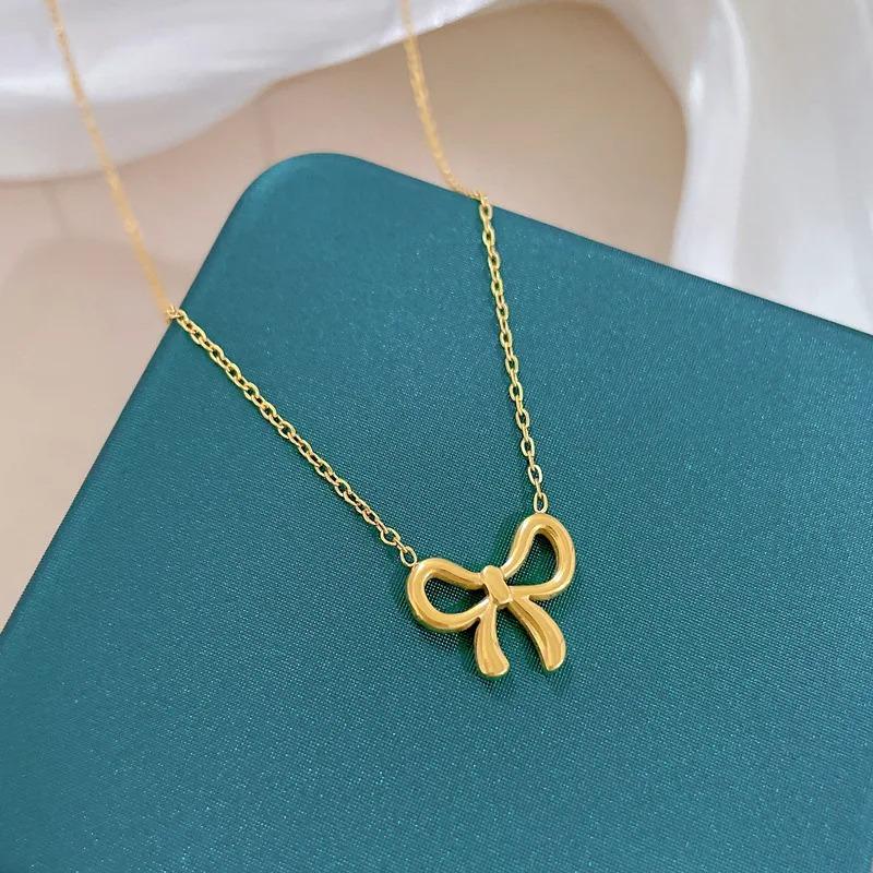 L316 Stainless Steel Beads Chain Hollow Bowknot Pendant Necklace for Women Niche Simple Jewery Accessory
