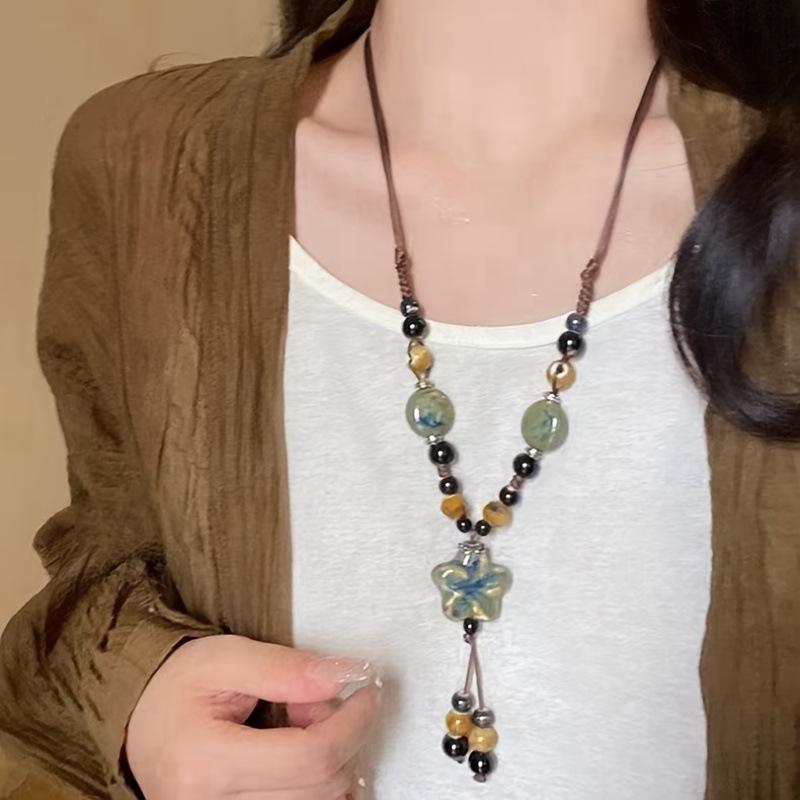 Vintage Ethnic Ceramic Necklace Long Colorful Beads Sweater Chain New Chinese Pendant Versatile Jewelry