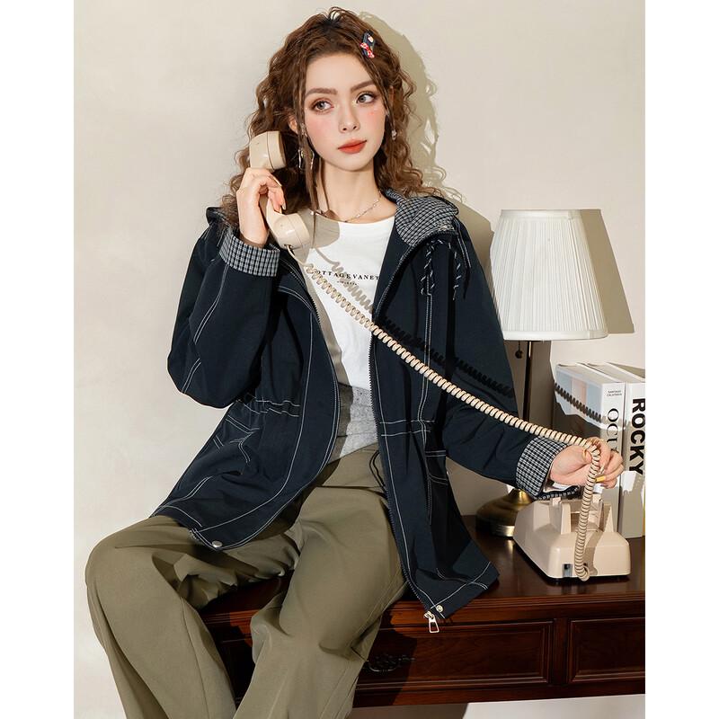 ET BOITE Women's Hooded Trench Coat with Color-Block Detail