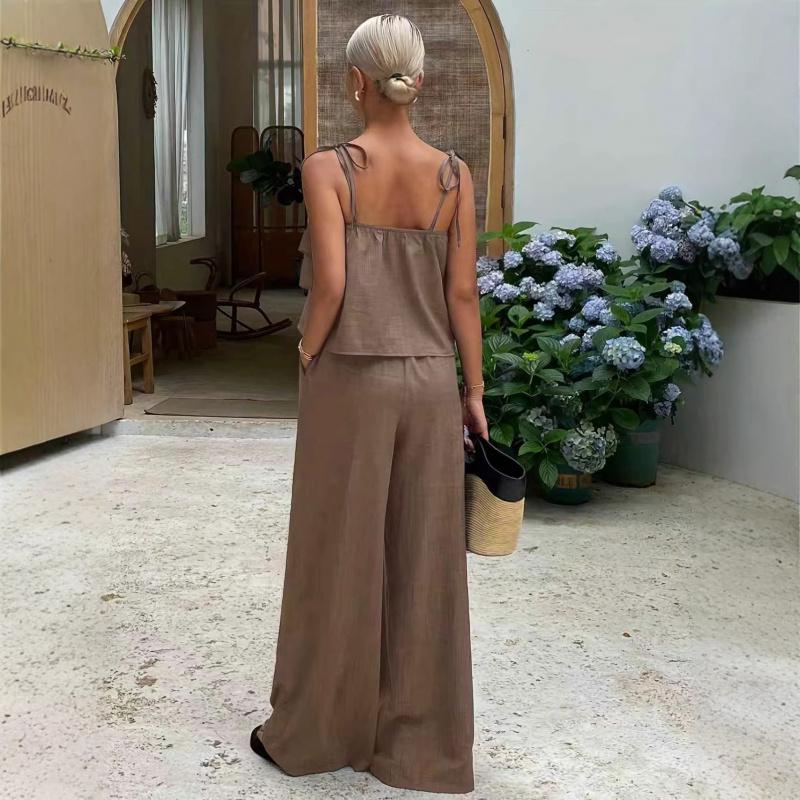 2026 New Fashion Ruffle Trim Camisole Top High-Waisted Tie-Up Pants Casual Women's Suit