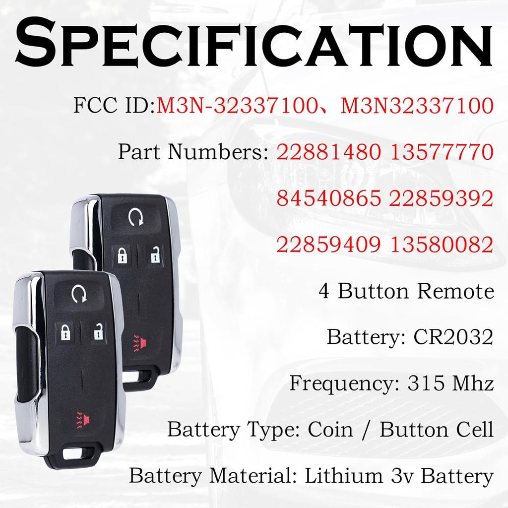 Keyless Entry Remote Start Control Key Fob Replacement Fits For Chevy Silverado GMC Sierra 1500 2500 3500 2014-2016 2017 2018   GMC Canyon Chevrolet