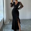 Sexy Bodycon Maxi Dress for Women V Neck Long Sleeve Mesh Sequin Dress Ruffle Side Split Wedding Guest Cocktail Party Dress