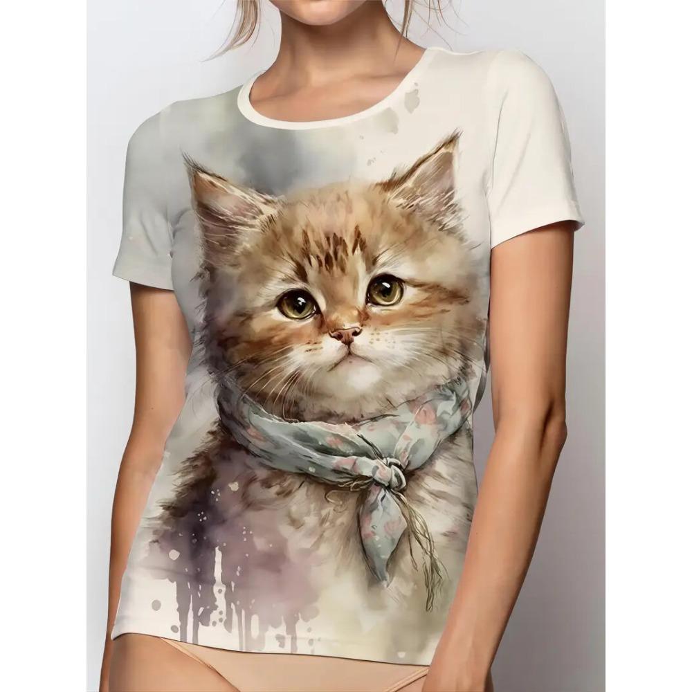 

Women s T-shirt Funny Animal Cat 3D Print Summer Crew Neck Short Sleeve Outdoor Casual T Shirts Female Women Clothing Pullover S