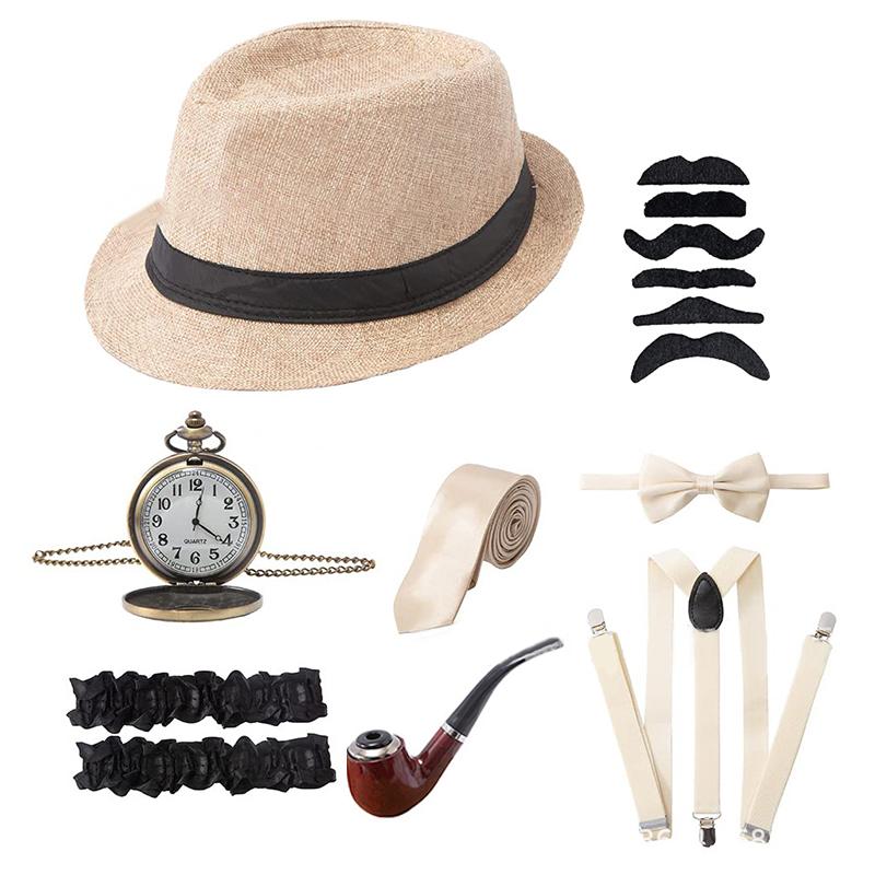 1Set 1920's Cosplay Costume Hat Pocket Watch Neck Tie Moustache Bowtie Gatsby Masquerade Accessories