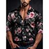 Men's Contrasting Rose Print Long Sleeved Shirt with Slim Fit Collar Shirt for Vacation Parties and Street Fashion Tops